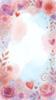 Watercolor floral frame with hearts, roses, and decorative elements on white background. Isolated design ready for invitations, greeting cards, and social media graphics.