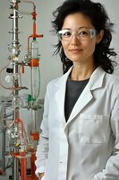 Asian female scientist in lab coat and safety glasses standing next to complex laboratory glassware setup with distillation apparatus and chemical equipment.