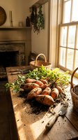 Freshly harvested root vegetables with soil and greens arranged on rustic wooden table by sunlit window, fireplace backdrop, farm-to-table cooking and organic gardening concept.