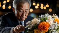 Senior Asian male chef carefully plating gourmet dish with colorful vegetables in professional kitchen with warm bokeh lighting background.