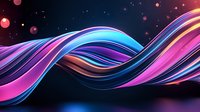 Luminous flowing ribbons in pink, blue and gold colors twist against dark background creating dynamic wave pattern with glowing light effects and bokeh elements.
