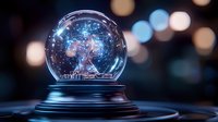 Magical snow globe with glowing ferris wheel inside against blurred bokeh lights background, creating mystical winter atmosphere and nostalgic mood.