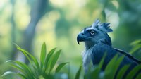 Majestic harpy eagle portrait with piercing blue eyes against blurred green foliage background, showing distinctive feathered crest and curved beak in natural habitat.