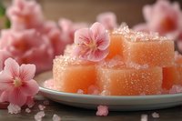 Orange fruit jelly cubes dusted with sugar crystals on white plate, decorated with delicate pink flowers, creating soft romantic mood for dessert styling.