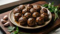 Homemade meatballs in savory sauce served on rustic ceramic plate with fresh herbs on wooden cutting board for comfort food recipes and cooking.