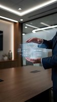 Businessman in dark suit holding digital holographic data visualization with glowing network connections between hands in modern office environment with wooden desk and contemporary lighting.