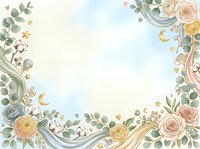 Watercolor floral frame with roses, eucalyptus, and celestial elements featuring moons and stars on cream background. Suitable for invitations and greeting cards.
