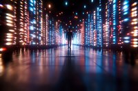 Silhouette of person walking through futuristic corridor with glowing vertical light strips creating perspective tunnel effect, reflective floor surface in blue and red tones.