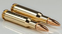 Golden rifle ammunition with copper tips on neutral gray background, showcasing precision metallic cartridges for hunting or sport shooting.