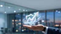 Business professional holding holographic growth chart with upward arrow in modern office environment for financial success presentations.
