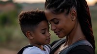 African American mother and young son share tender moment outdoors during golden sunset, expressing pure parental love and emotional connection in natural setting.