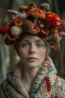 Young woman wearing knitted mushroom headdress and patterned wool scarf, with freckles and natural makeup in mystical forest setting. Creative fashion portrait.