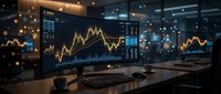 Financial trading workspace with multiple monitors displaying stock market charts and data analytics in modern office environment.