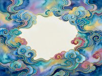 Watercolor cloud frame with swirling patterns in blue, pink and gold tones creates decorative border for text or design elements on white background.
