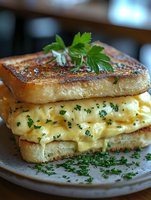 Grilled sandwich with creamy scrambled eggs, fresh herbs and parsley garnish on toasted golden bread, served on rustic plate. Close up macro food photography.