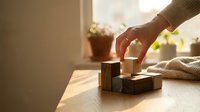 Hand stamping wooden rubber stamp on desk in warm sunlight creating official document or craft project with natural lighting and cozy home office atmosphere.