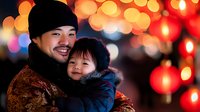 Asian father and young child enjoying festive evening with warm bokeh lights creating magical holiday atmosphere for family celebrations.