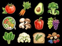 Colorful hand-drawn food clipart set with vegetables, fruits, and healthy foods, isolated on transparent background. Great for stickers, t-shirt design, and print on demand.