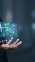 Hand holding glowing holographic display with digital gears and technology symbols. Futuristic innovation and digital transformation concept for business and tech.