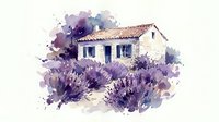 Watercolor painting of rustic Mediterranean house with terracotta roof surrounded by purple lavender fields in Provence style for home decor and travel designs.