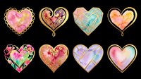 Watercolor hearts with gold frames collection, isolated on transparent background. Set of 8 decorative heart designs for stickers, t-shirt design, sublimation, print on demand, clipart.