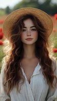 Young Asian woman with long wavy brown hair wearing straw hat and white cotton blouse in poppy field during golden hour, natural summer beauty portrait with soft backlight.