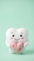 Cute white tooth plush toy holding pink floral heart on mint green background for dental care and children's health concepts.