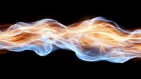 Glowing orange and blue energy waves flowing horizontally on black background, abstract light trails effect with smooth motion blur creating dynamic movement pattern.