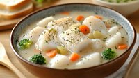 Creamy chicken soup with tender meat chunks, colorful vegetables including carrots and broccoli in rich broth, served in rustic ceramic bowl.
