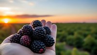 Fresh blackberries in cupped hands at sunset over agricultural field. Organic berry harvest concept for healthy eating and farm-to-table lifestyle.