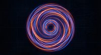 Abstract neon spiral light trails creating hypnotic circular motion pattern on dark background for digital art and futuristic design projects.