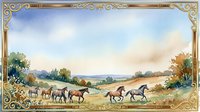 Herd of horses grazing in pastoral countryside landscape with golden ornamental frame border, suitable for equestrian art, home decor, and vintage-style prints.