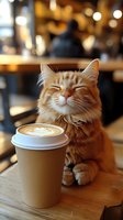 Smiling ginger cat sitting at cafe table next to takeaway coffee cup with latte art. Cozy atmosphere with blurred bokeh lights background creates warm mood.