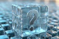 Frozen question mark symbol trapped in transparent ice cube, macro view against blurred blue background of multiple cubes. Concept for cold facts and frozen decisions.