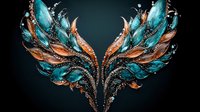 Magical wings in turquoise and copper colors with glitter effect on dark background, symmetrical fantasy art design for decorative projects and creative backgrounds.