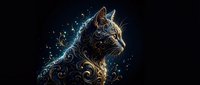 Majestic cat silhouette with ornate golden decorative patterns and magical light effects on dark background for luxury design projects.
