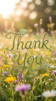 Thank you message with green leaf lettering in wildflower meadow with yellow and purple blooms, golden sunlight, and bokeh background for gratitude cards and appreciation designs.