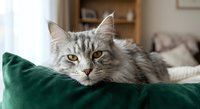 Gray tabby cat with yellow eyes resting on emerald green velvet cushion in cozy living room interior with warm natural lighting and soft home decor background.