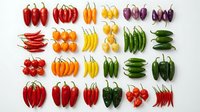 Colorful variety of fresh chili peppers arranged in rows by color on white background, showcasing diverse shapes and sizes.