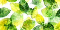 Watercolor seamless pattern with translucent green and yellow leaves floating on white background creates fresh spring mood for nature-inspired designs.