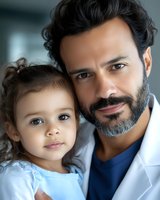 Hispanic father and daughter portrait in medical setting showing family healthcare bond and pediatric care relationship.