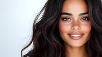 Young mixed race woman with freckles, wavy dark hair and radiant smile against white background, close up portrait showing natural beauty and confidence.