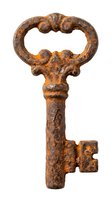 Antique ornamental key with rusty patina and decorative bow, isolated on white background, suitable for vintage design, antique collections, and historical themed projects.