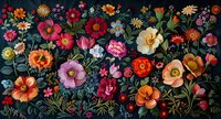 Vibrant floral composition with colorful blooms on dark background, featuring poppies, daisies and wild flowers in pink, orange, yellow and red tones arranged in folk art style.