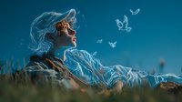 Young woman with flowing ethereal hair lying in meadow grass at dusk, glowing butterflies floating above while moonlit breeze creates magical atmosphere.