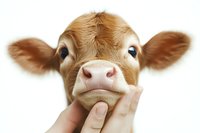 Close up portrait of young brown Guernsey calf with human hand gently touching chin, showing tender moment between human and farm animal against white background.