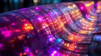 Vibrant flexible LED display panel with colorful pink, purple, and orange lights creating a curved technological surface for digital signage or event production.