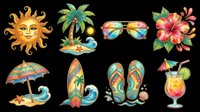 Colorful summer collection featuring sun, palm tree, sunglasses, flowers, umbrella, surfboard, flip-flops and tropical drink. Isolated on transparent background, ready for t-shirts, clipart, stickers and print-on-demand designs.