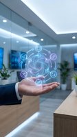 Businessman holding glowing digital network icons with interconnected symbols in modern office environment, representing technology integration, data connectivity, and business automation solutions.