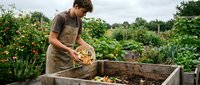 Young Caucasian male gardener in apron composting organic kitchen scraps in wooden bin surrounded by lush vegetable garden for sustainable farming practices.